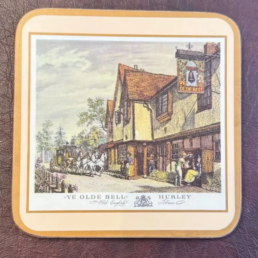 Vintage Pimpernel Coasters English Village Inns Cork Backed Set of 6 w/ Box